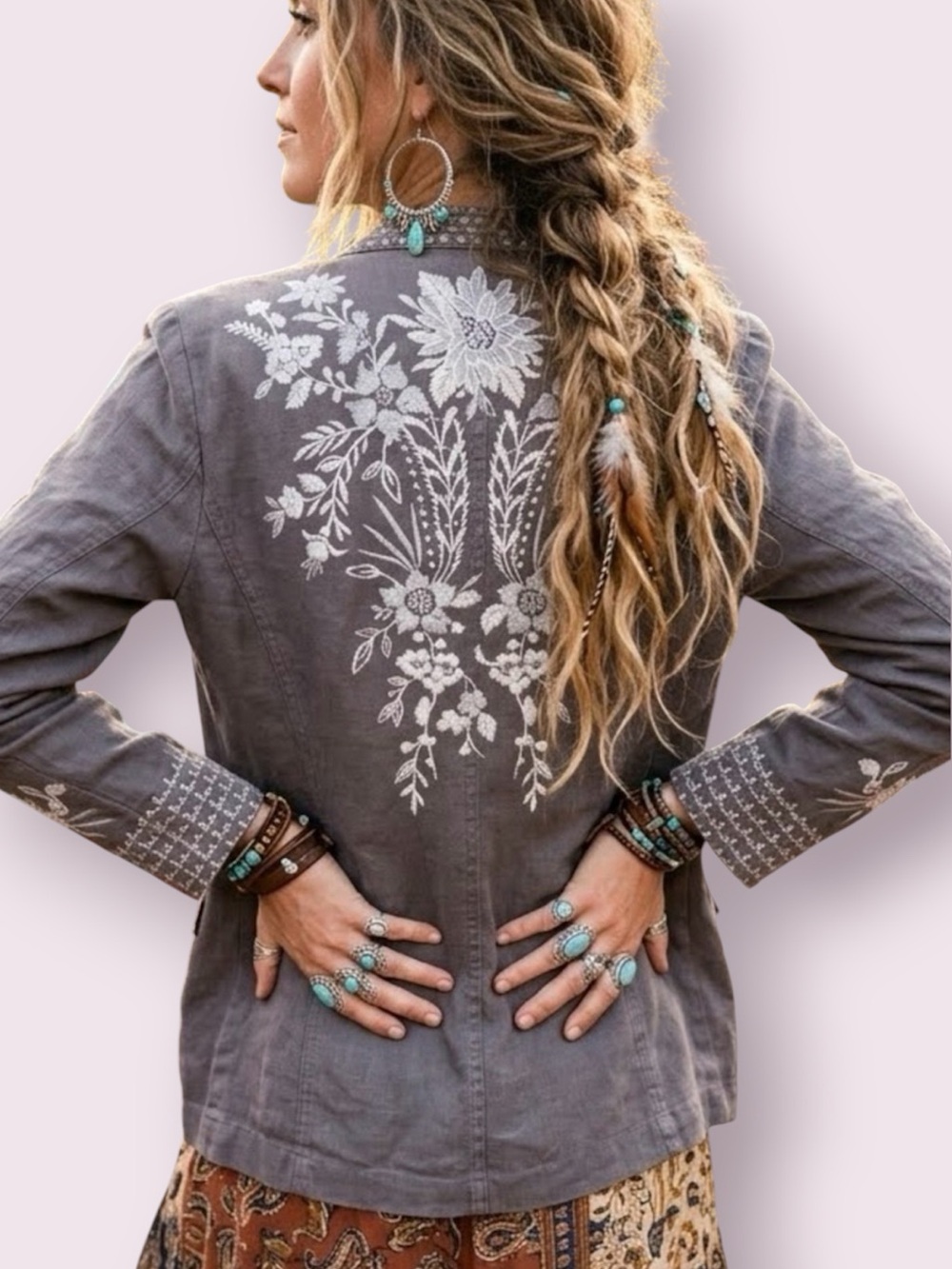 NWT Johnny Was Oleander Floral & Bird Embroidered Linen Safari Jacket Gray XS